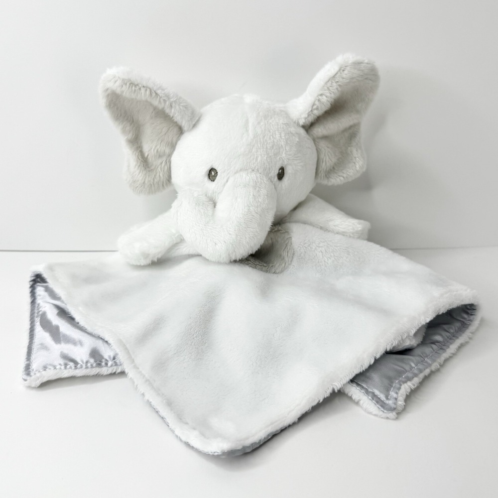 Elephant Plush Lovey Security Blanket White Gray Satin Underside